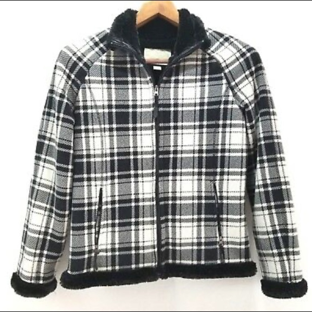 green tea houndstooth black fake fur lined coat